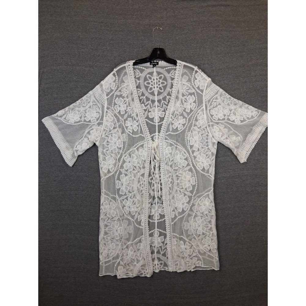 Justify Womens Jacket XL White Sheer Floral Long Whimsy Fairy Boho Ethereal